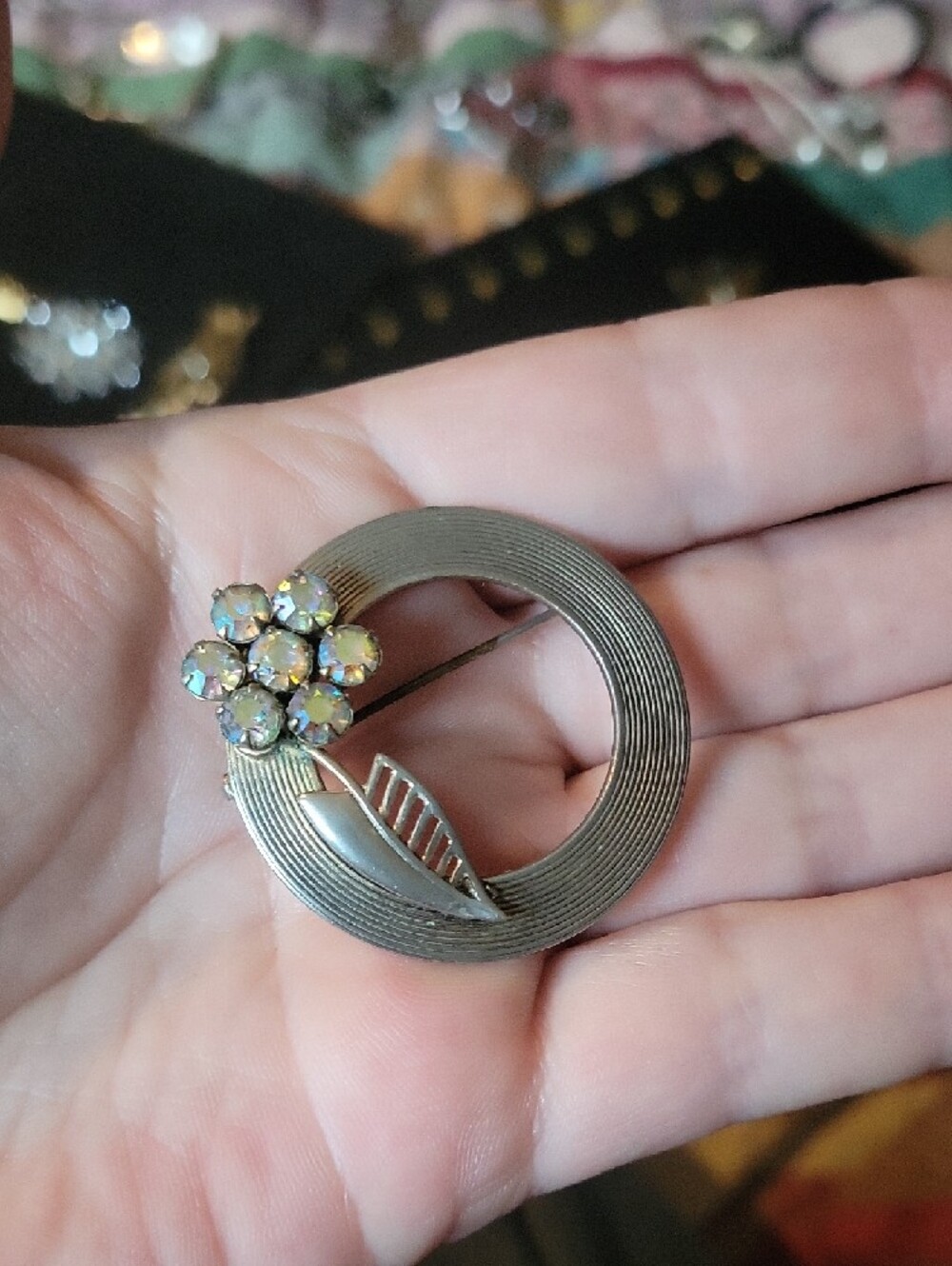 Silver-Tone Floral Crystal Circle Brooch - Women Jewelry - Picture 3 of 3